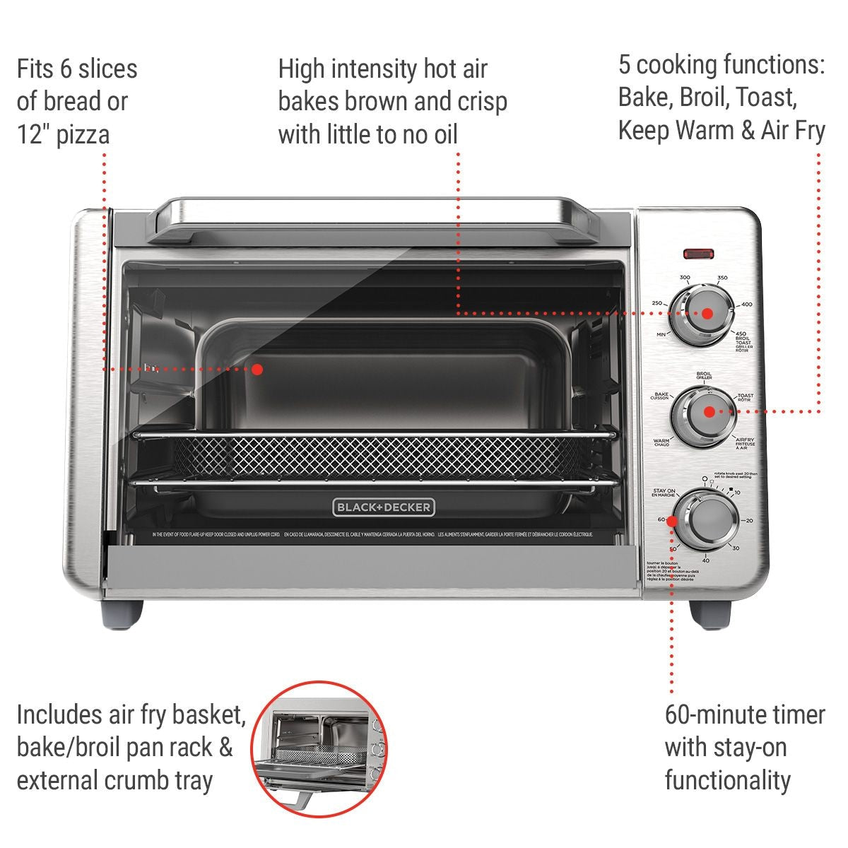 Crisp 'N bake 6-Slice Air Fryer Toaster Oven, Stainless Steel, 5 Cooking Functions G1Y5 - product image 3