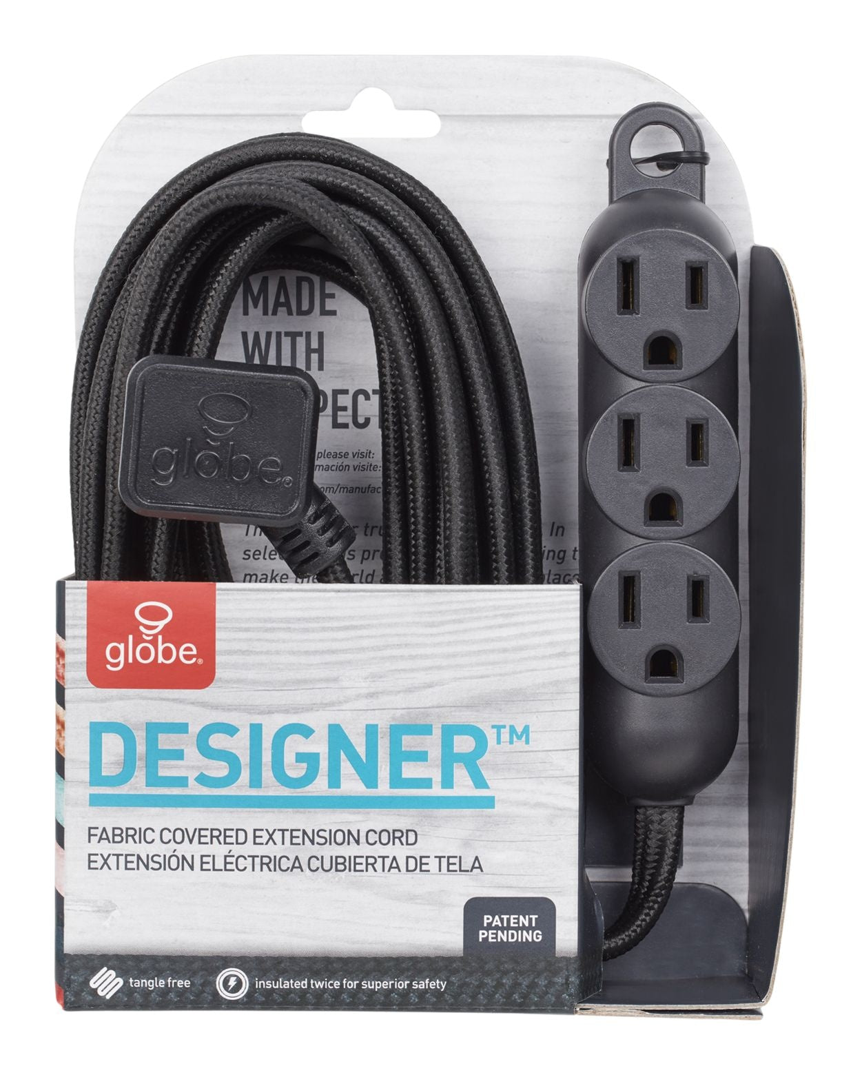 12-ft 16/3 Fabric Extension Cord, Right Angle Plug, 3 Outlets, Black N4B5 - product image 1