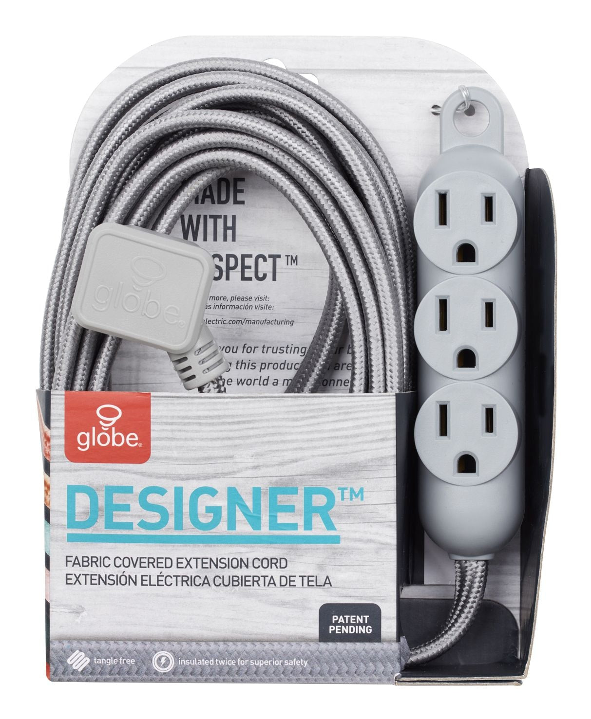12-ft 16/3 Fabric Extension Cord, Right Angle Plug, 3 Outlets, Grey W0X3 - product image 1