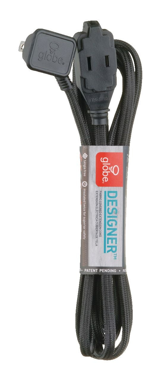 9-ft 16/2 Fabric Extension Cord, Right Angle Plug, 3 Outlets, Black F4G1 - product image 1