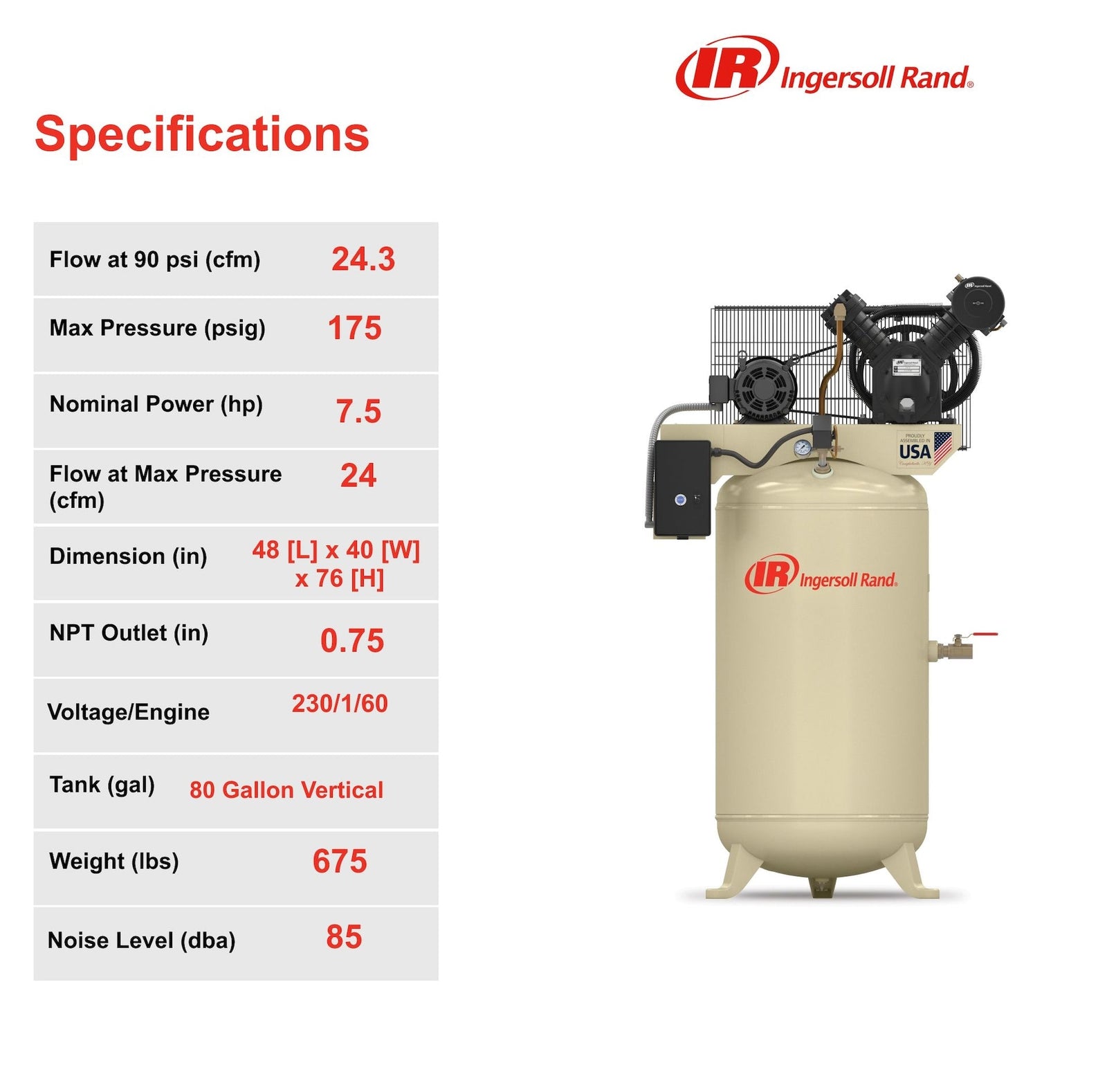 Rand 80-Gallon Vertical Air Compressor, 175 PSI, 7.5 HP C0N6 - product image 4
