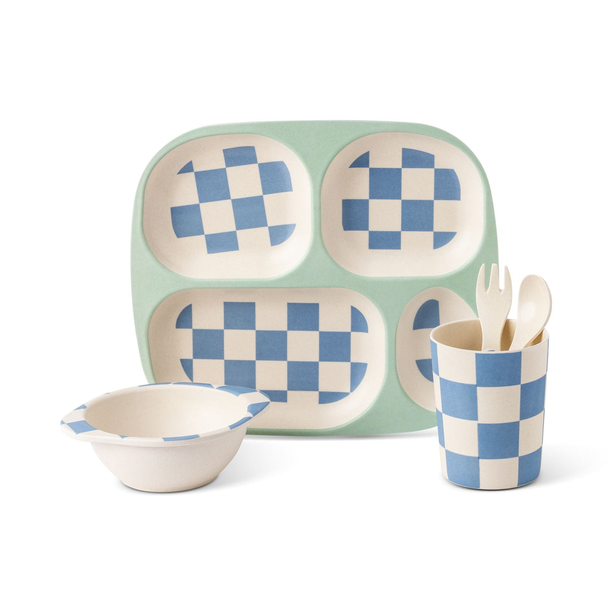 Kids' Bamboo Fiber Dinnerware Set, Blue Check, 5-pc J5B6 - product image 1
