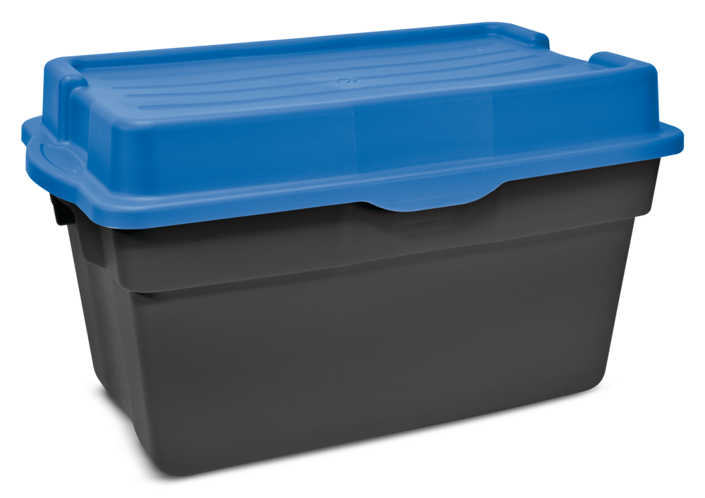 Heavy Duty Stackable Storage Box with Hinged Lid, 132-L, Black/Blue J1Z7 - product image 1
