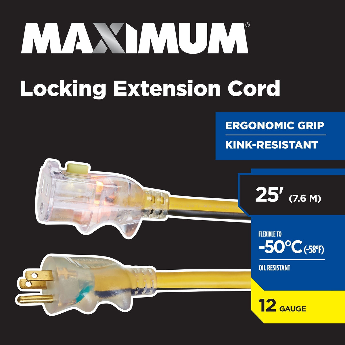 25-ft 12/3 Outdoor Extension Cord with Grounded Outlet, Lighted End and Locking Connector, Yellow/Black X4S1 - product image 5