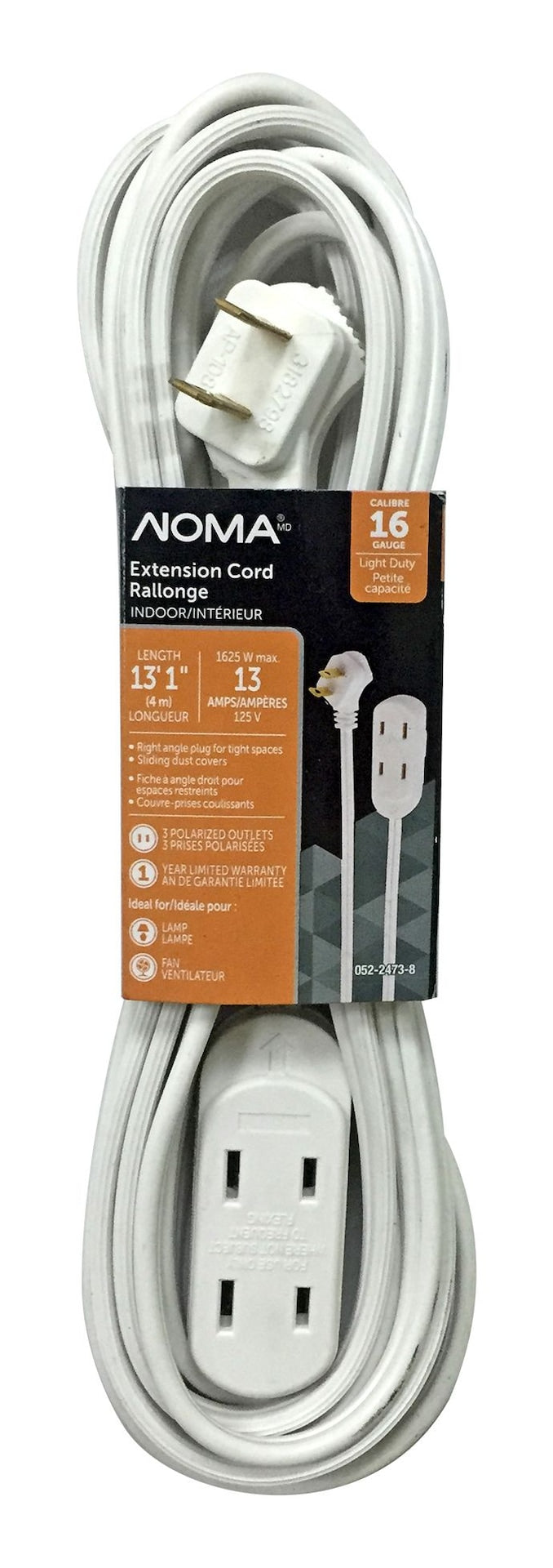 15-ft 16/2 Indoor Extension Cord, 3 Outlets, Flat Plug, White X7C1 - product image 1
