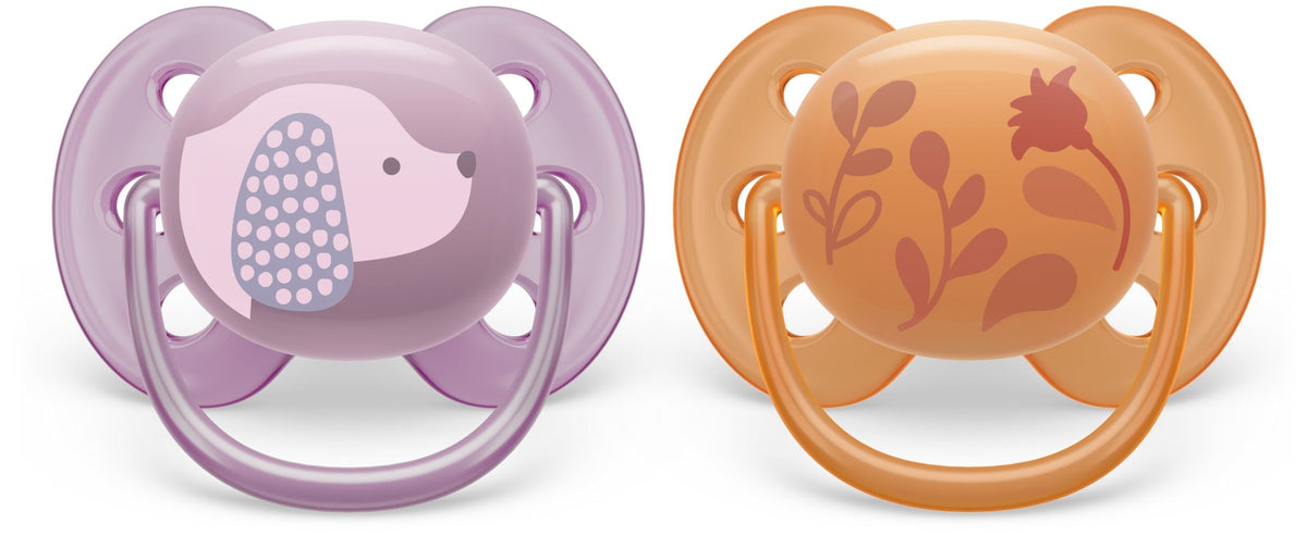 Ultra Soft Pacifier, 6-18 Months, Violet Puppy & Orange Leaves, 2-pk T9I7 - product image 1