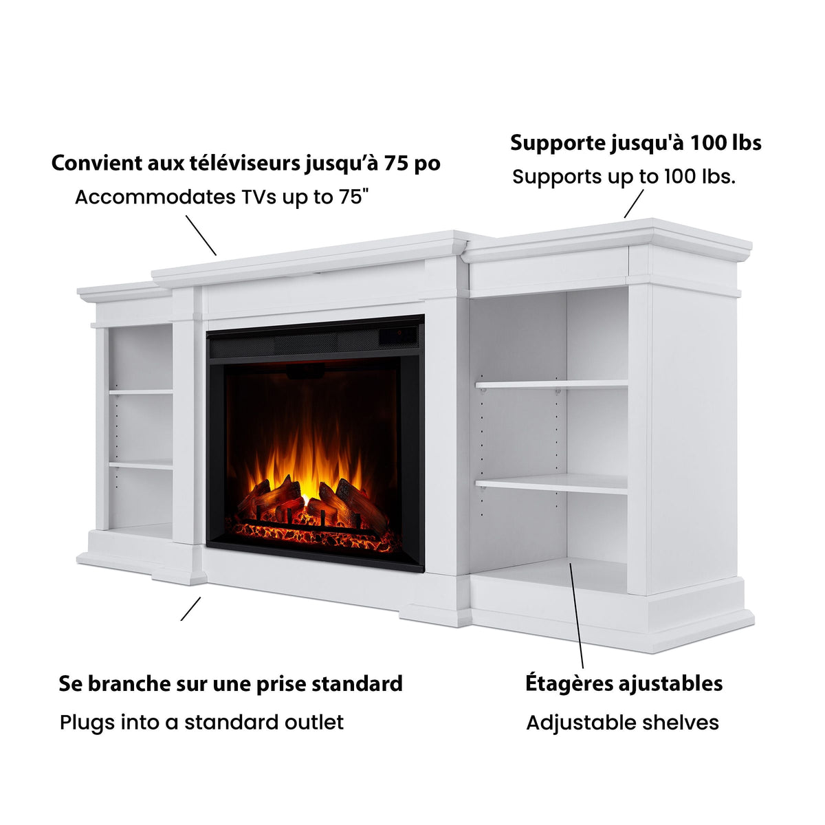 Flame Eliot Grand Entertainment VividFlame Media Indoor Electric Fireplace TV Stand, 1500W, Includes Remote Control & Firebox, White T3X6 - product image 6