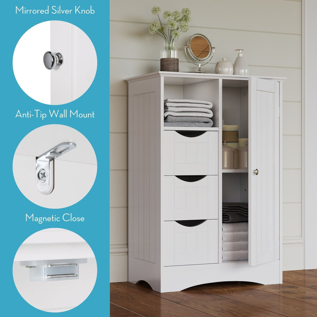 Home Ashland Single Door Bathroom & Laundry Storage Cabinet with 3 Drawers, Open Cubby & Adjustable Shelf, White X3U9 - product image 4