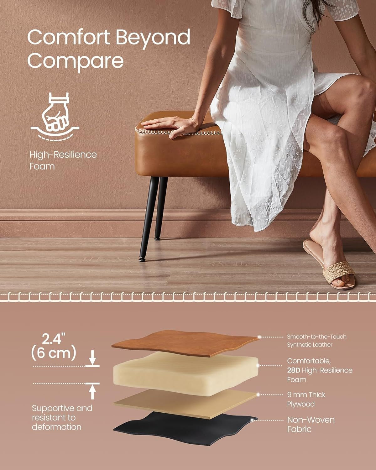Home EKHO Collection Caramel Brown Synthetic Leather Bench L8E7 - product image 5
