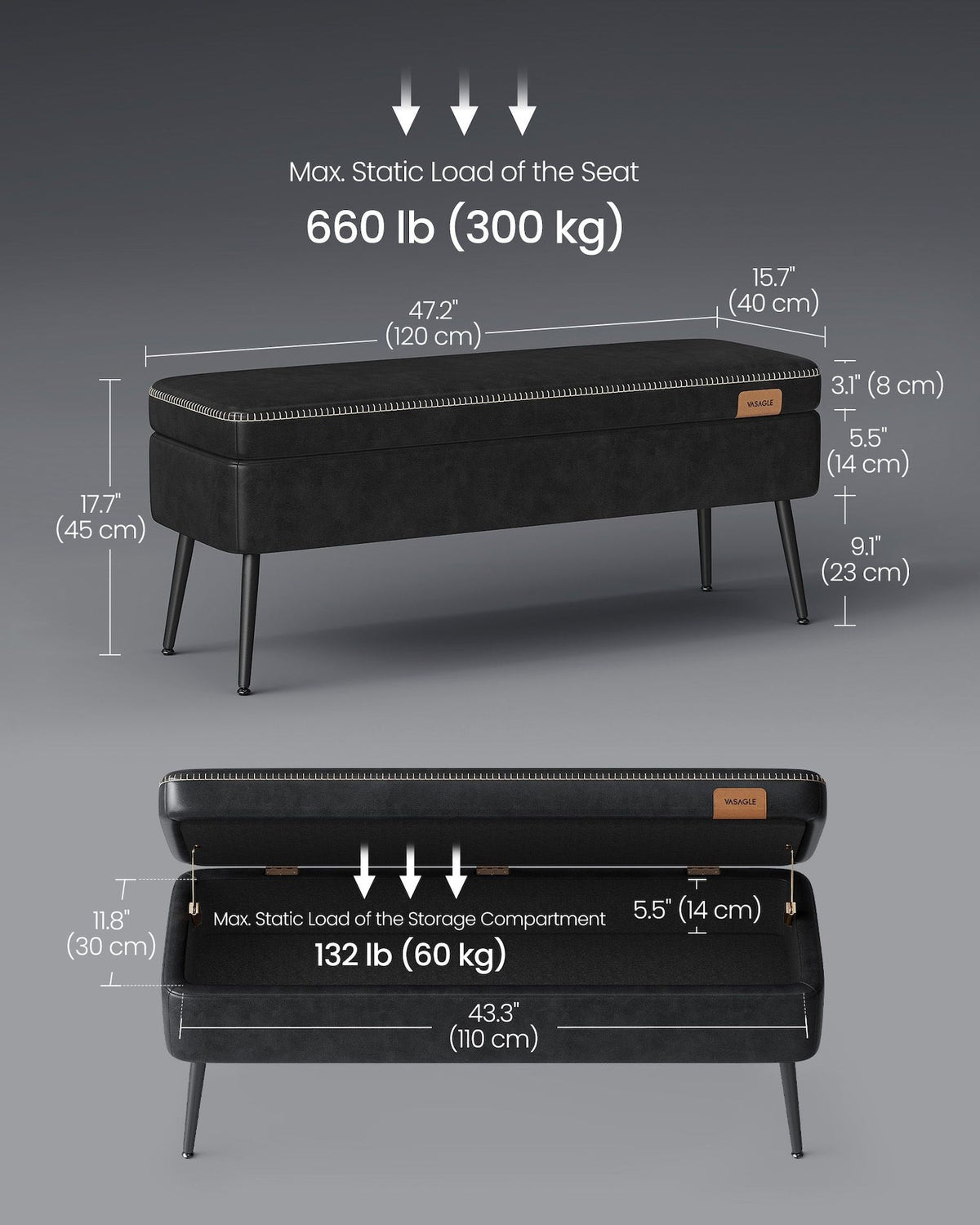 Home Mid-Century Ink Black Ottoman Storage Bench Y1P6 - product image 5
