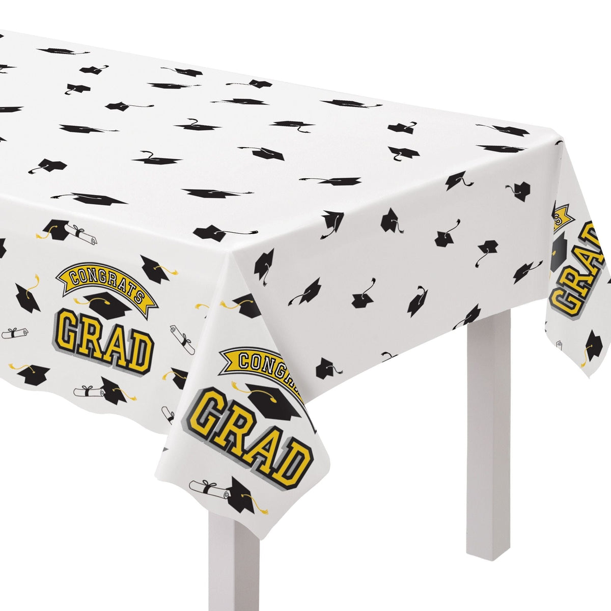 "Congrats Grad" Rectangle Plastic Reusable Table Cover, Yellow, 54x84-in, for Graduation N6O0 - product image 1