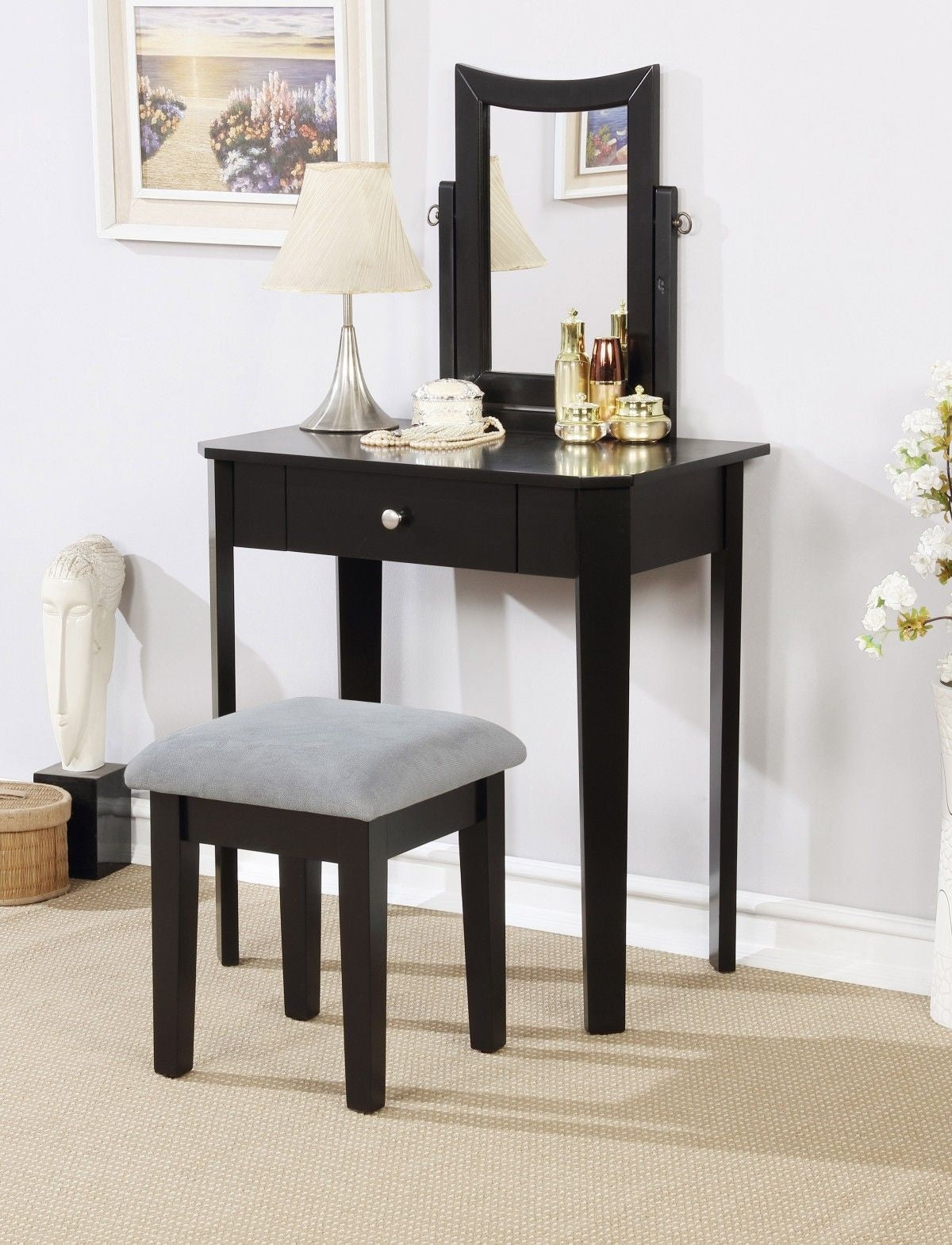Celah 1-Drawer Black Dressing Table Makeup Vanity Set with Stool and Mirror I6W9 - product image 4