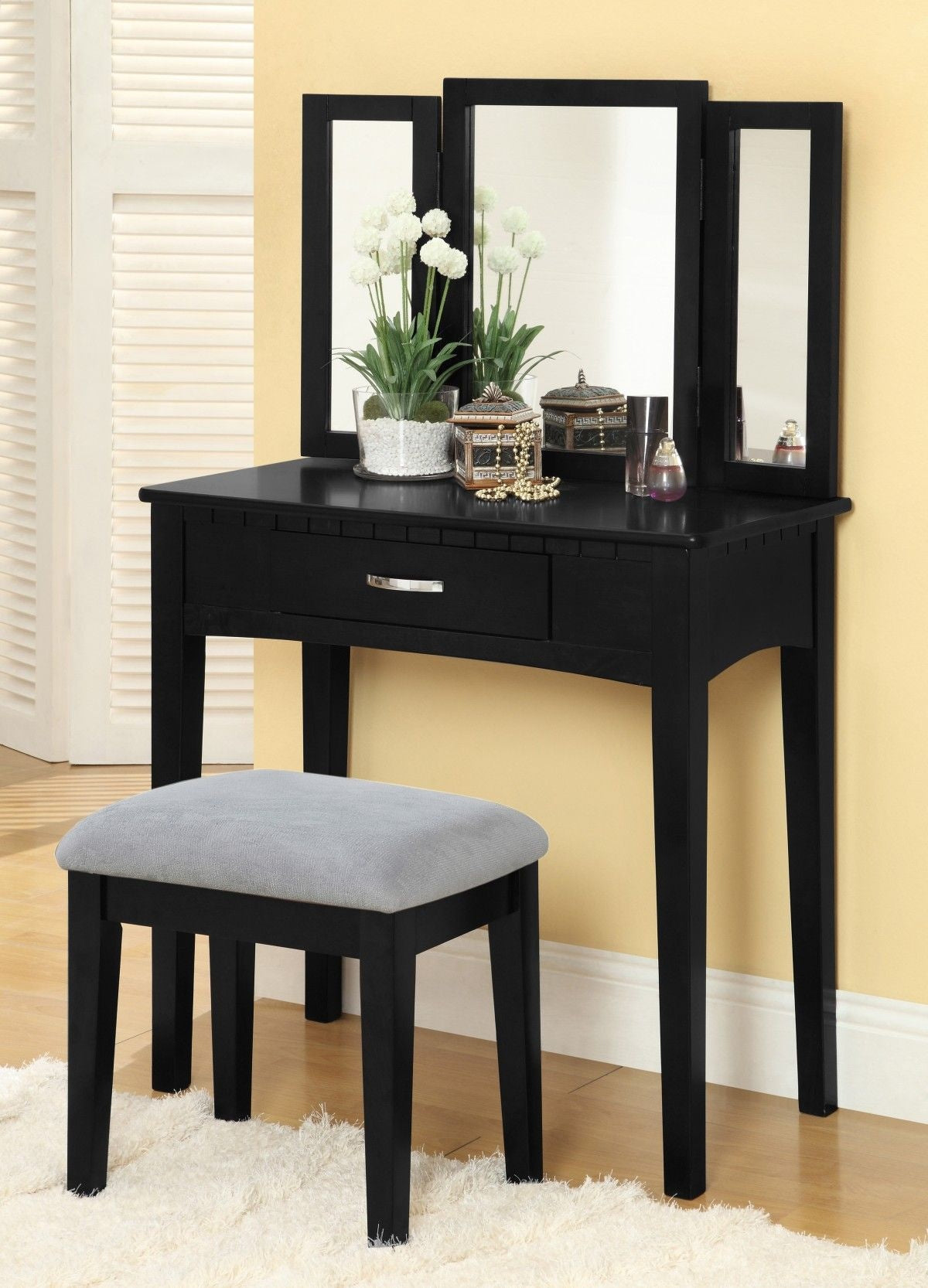 Lynn 1-Drawer Black Dressing Table Makeup Vanity Set with Stool and Mirror I4N6 - product image 4