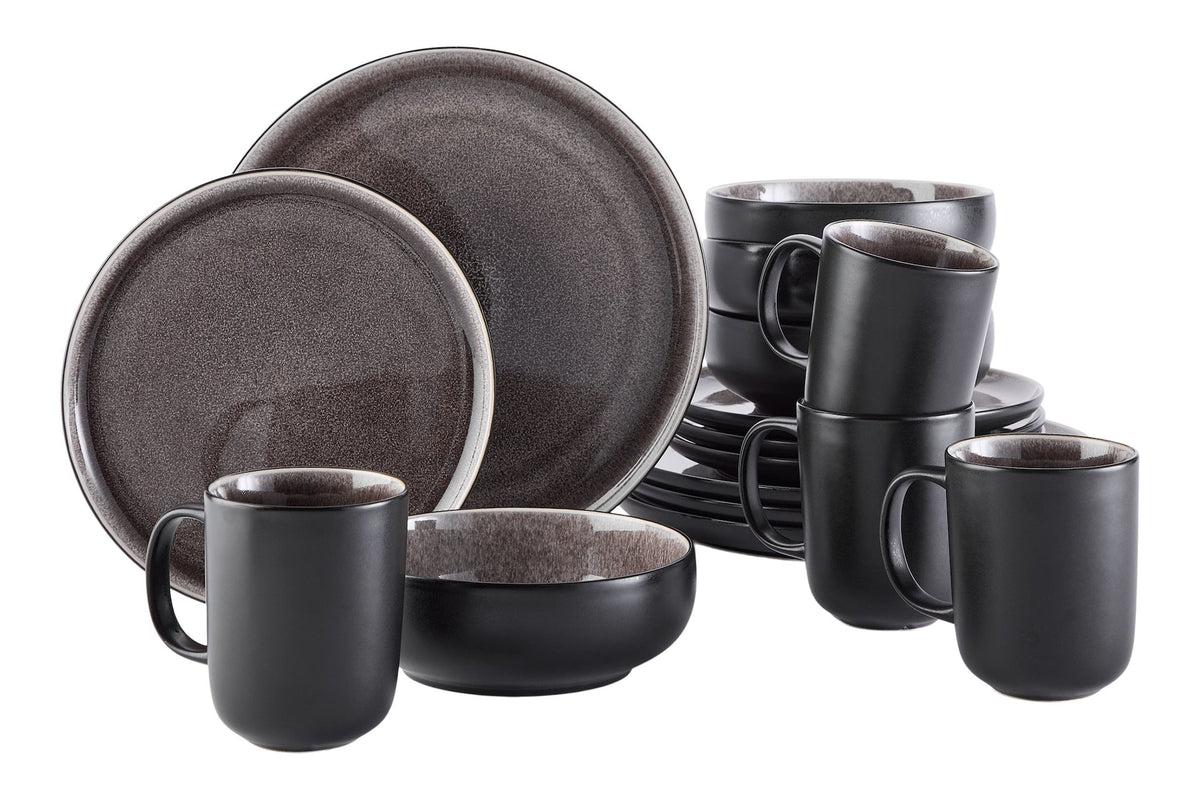 Kenway Stoneware Dinnerware Set, Serves 4, 16-pc, Matte Black & Taupe Reactive Glaze V5D6 - product image 1