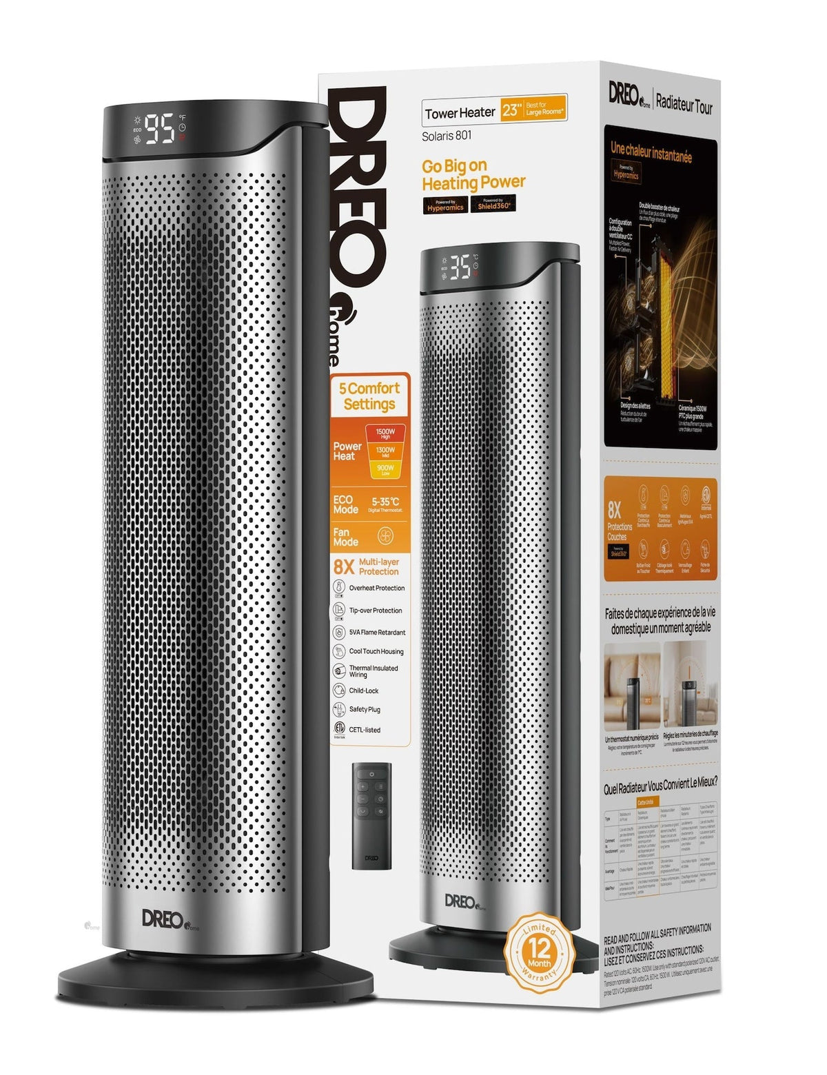 Home 1500W PTC Convection Oscillating Ceramic Electric Tower Heater, 23-in N5T1 - product image 3
