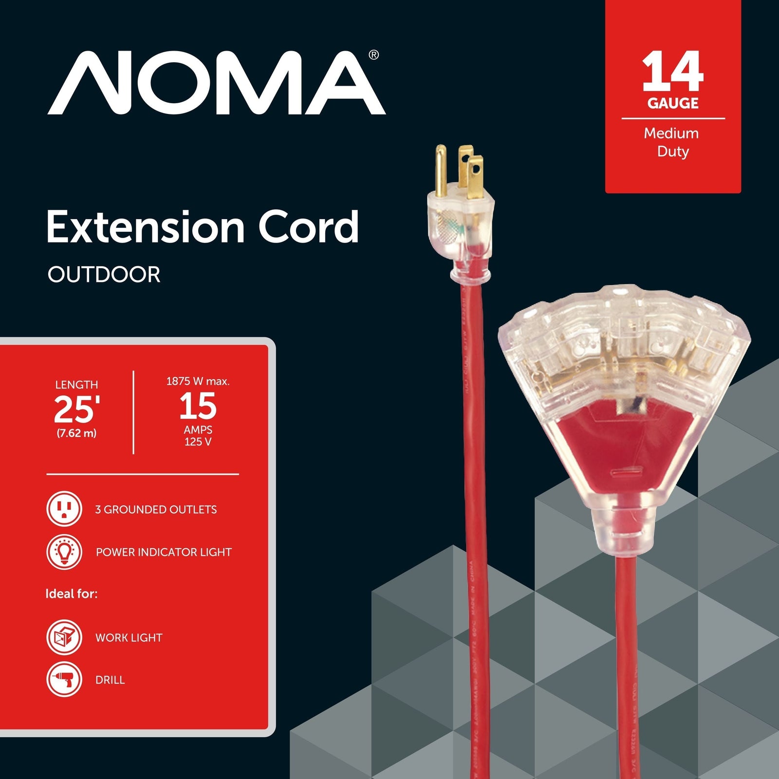 14/3 Outdoor Extension Cord with 3 Grounded Outlets & Lighted End, Red G9T0 - product image 1