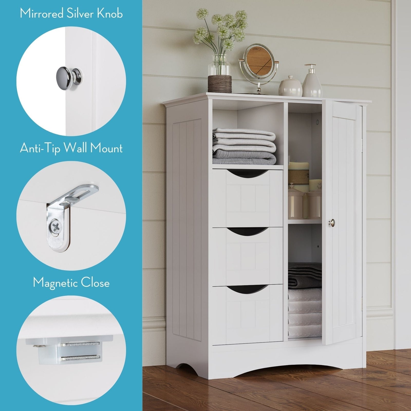 Home Ashland Single Door Bathroom & Laundry Storage Cabinet with 3 Drawers, Open Cubby & Adjustable Shelf, White X3U9 - product image 4