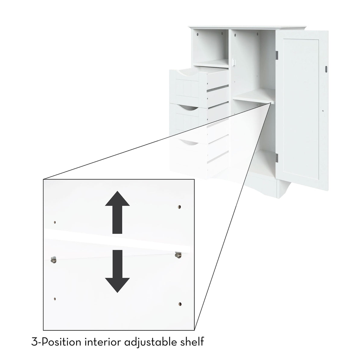 Home Ashland Single Door Bathroom & Laundry Storage Cabinet with 3 Drawers, Open Cubby & Adjustable Shelf, White X3U9 - product image 5