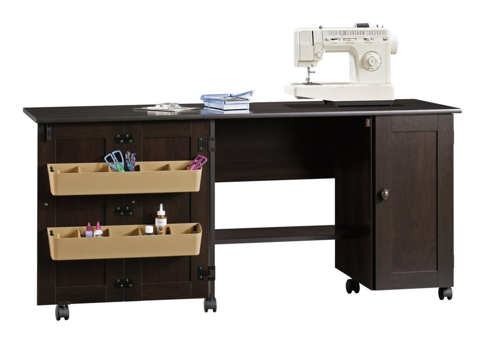 Folding Sewing & Craft Table/Storage Cart with Locking Wheels, Cinnamon Cherry Finish L6G7 - product image 1