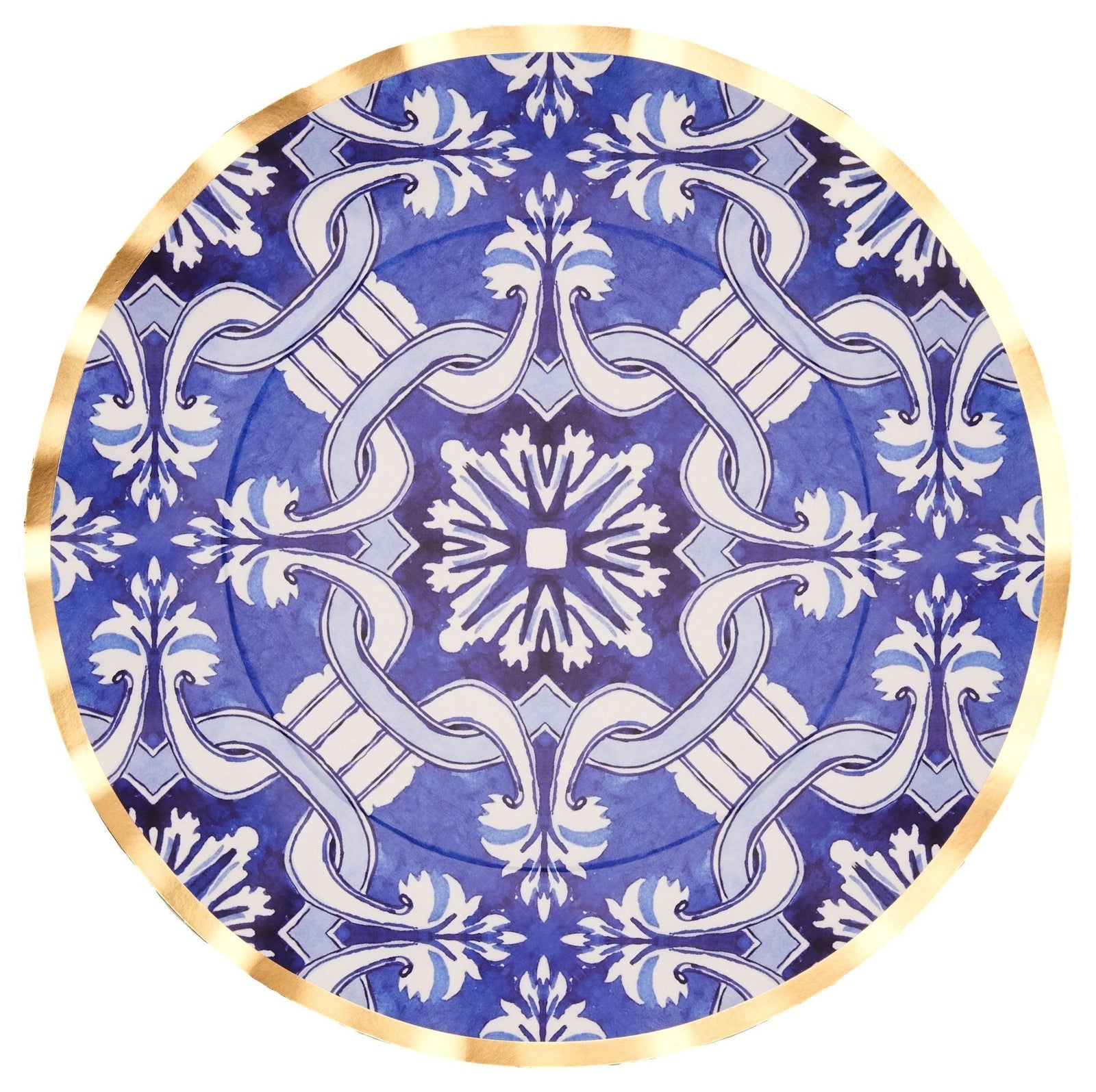 Moroccan Nights Round Bordered Trimmed Paper Disposable Dinner Plates, Blue/Gold, Tile, 10-in, 8-pk, for Mother's Day/Easter K1R4 - product image 1